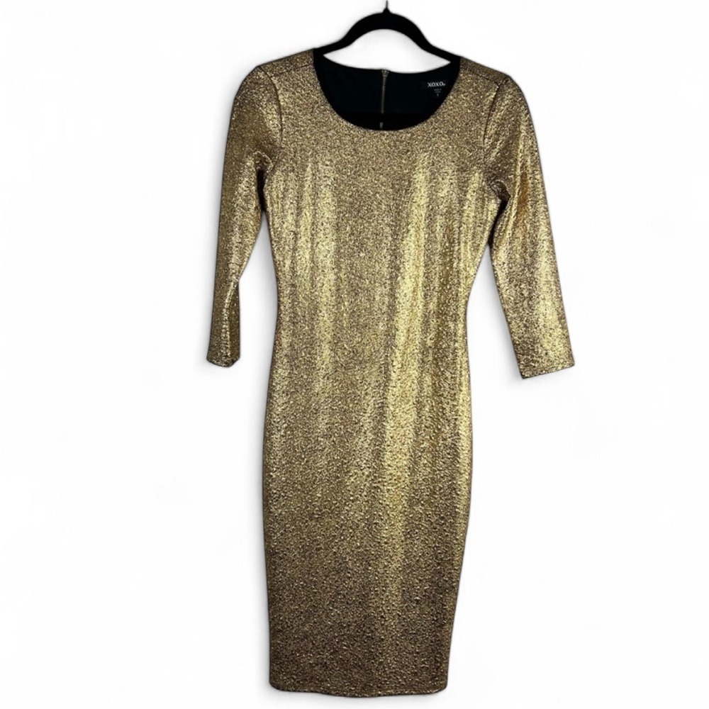 XOXO Gold Metallic Textured 3/4 Sleeve Bodycon Midi Dress Size S